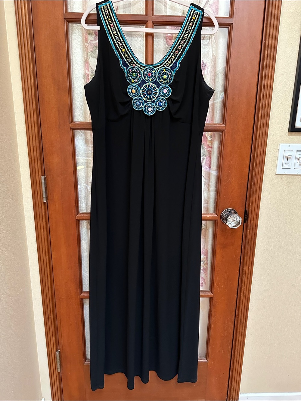 Black Sleeveless Maxi Dress with Beaded & Embroidered Neckline